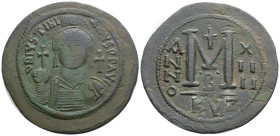 Byzantine
Justininian I (527-565 AD) Kyzikos AE Follis (42,8 mm, 21,8 g)
Obv: D N IVSTINIANVS P P AVI. Helmeted and cuirassed bust facing, holding g...