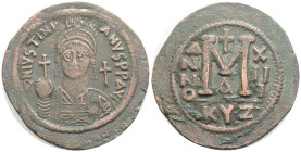 Byzantine
Justinian I (527-565 AD) Kyzikos AE Follis (43.7mm, 22.2g)
Obv: D N IVSTINIANVS P P AVG. Helmeted and cuirassed bust facing, holding globu...