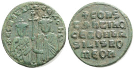 Constantine VII Porphyrogenitus, with Zoe AD 913-959. Constantinople Follis Æ, 25,4 mm., 7 g.
CONSTANZI CE ZOH b', Crowned busts of Constantine weari...