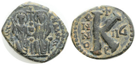 Byzantine
Justin II and Sophia AD 565-578. Dated RY 5=AD 569/0.. Theoupolis (Antioch). Half follis Æ 6,9 g. 23,6 mm.