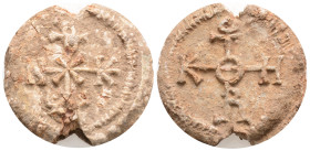 Byzantine Lead Seal ( 7-8 th centuries)
Obv: Cruciform monogram
Rev: Cruciform monogram (17,4 g, 28,6 mm.)