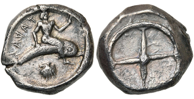 CALABRE, TARENTE, AR nomos, vers 500-450 av. J.-C. D/ Phalanthos assis à d. sur ...