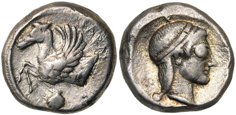 CALABRE, TARENTE, AR drachme, vers 460 av. J.-C. D/ TARAS Protome d'hippocampe a...