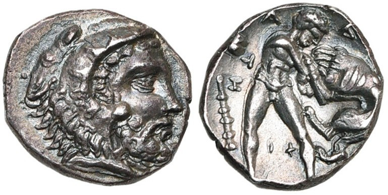 CALABRE, TARENTE, AR diobole, vers 345-344 av. J.-C. D/ T. d'Héraclès barbu à d....
