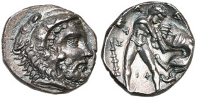 CALABRE, TARENTE, AR diobole, vers 345-344 av. J.-C. D/ T. d'Héraclès barbu à d., coiffé de la dépouille de lion. R/ T-A-P Héraclès deb. luttant avec ...