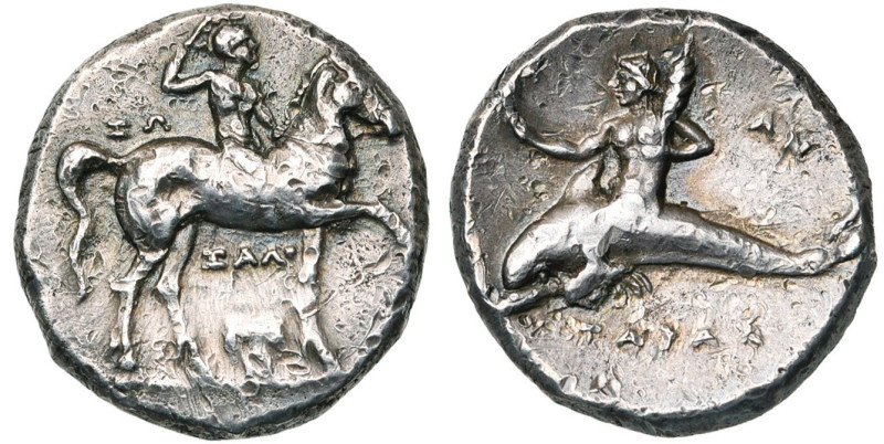 CALABRE, TARENTE, AR nomos, 281-272 av. J.-C. D/ Jeune cavalier se couronnant lu...