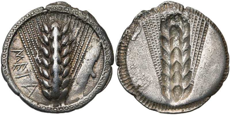 LUCANIE, METAPONTE, statère, vers 520 av. J.-C. D/ META Epi d'orge à sept grains...
