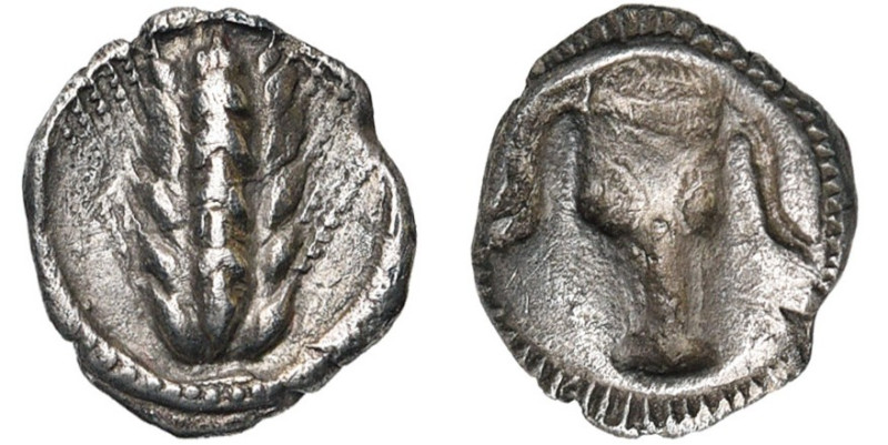 LUCANIE, METAPONTE, AR triobole, vers 460 av. J.-C. D/ Epi d'orge à cinq grains....