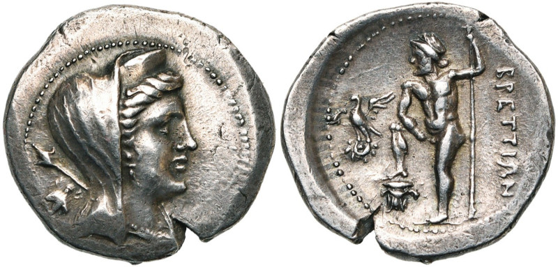 BRUTTIUM, Ligue des Brettiens, AR drachme, 215-205 av. J.-C. D/ B. diad.,voilé, ...