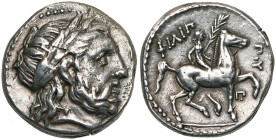 ROYAUME DE MACEDOINE, Philippe II (359-336), AR tétradrachme, 323-316 av. J.-C., Amphipolis. D/ T. l. de Zeus à d. R/ ΦΙΛΙΠ-ΠOY Cavalier au pas à d., ...