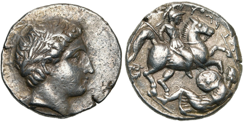 ROYAUME DE PEONIE, Patraos (340-315), AR tétradrachme. D/ T. l. d'Apollon à d. R...