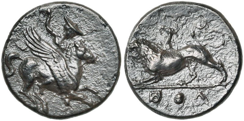 ACARNANIE, LEUCAS, AE bronze, 350-300 av. J.-C. D/ Bellérophon chevauchant Pégas...