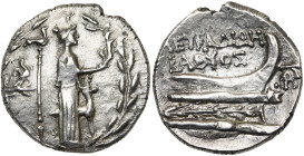 ACARNANIE, LEUCAS, AR statère, après 168 av. J.-C. D/ Statue d'Artémis deb. à d., la tête surmontée d'un croissant, ten. un aplustre. A ses côtés, un ...