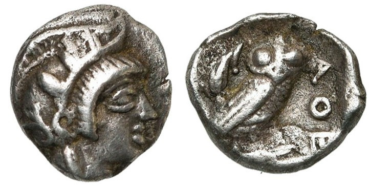 ATTIQUE, ATHENES, AR obole, vers 400 av. J.-C. D/ T. casquée d'Athéna à d. R/ Ch...
