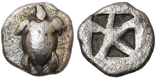 EGINE, AR hémiobole, 480-460 av. J.-C. D/ Tortue. R/ Carré creux divisé en cinq ...