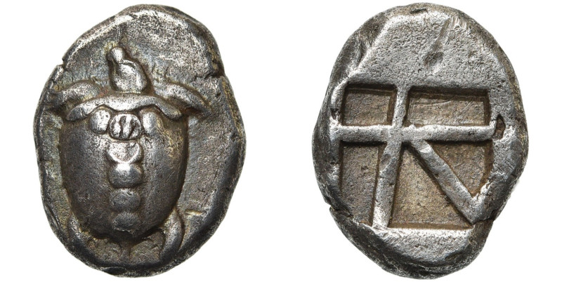 EGINE, AR statère, vers 475 av. J.-C. D/ Tortue de mer avec cinq et deux points ...