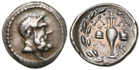 LACONIE, LACEDEMONE, AR drachme, vers 100-80 av. J.-C. D/ T. diad. d'Héraclès à d. R/ Amphore entre Λ-A sous les bonnets des Dioscures. En dessous à d...