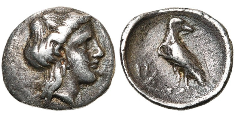 ELIDE, ELIS, AR obole, vers 340-330 av. J.-C. D/ T. d'Héra à d., les cheveux lon...