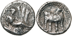 CRETE, GORTYNE, AR statère, 300-280 av. J.-C. D/ La nymphe Europe assise à d. dans un arbre, la tête appuyée sur sa main g. R/ Taureau à d., t. à g. G...