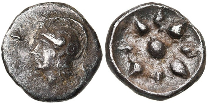 CRETE, ITANOS, AR obole, vers 350-300 av. J.-C. D/ T. casquée d'Athéna à g. R/ E...