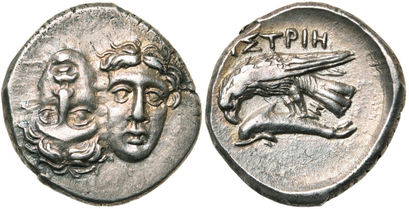 MESIE, ISTROS, AR drachme, vers 350 av. J.-C. D/ Deux t. masc. de f. tête-bêche,...