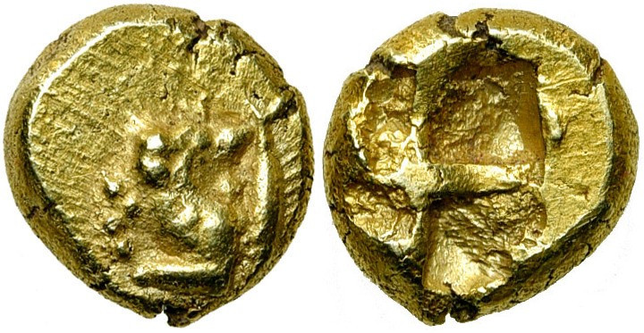 MYSIE, CYZIQUE, El. hecté, vers 550-475 av. J.-C. D/ Protome de lion à g., la tê...