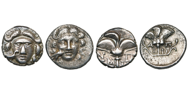 CARIE, MYLASA, lot de 2 drachmes, imitations des monnaies de Rhodes, au droit t....