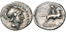 PHRYGIE, KIBYRA, AR drachme, 2e-1er s. av. J.-C. D/ T. masculine casquée à d. Grènetis. R/ Cavalier ten. une lance pointée vers l'avant et un bouclier...