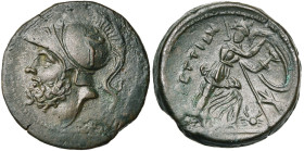 BRUTTIUM, Ligue des Brettiens, AE double unité, 213-207 av. J.-C. D/ T. d'Arès à g., coiffé du casque corinthien surmonté de Pégase. R/ BPETTIΩN Héra ...