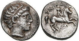 ROYAUME DE MACEDOINE, Philippe II (359-336), AR 1/5 de tétradrachme, 323-316 av. J.-C., Amphipolis. D/ T. diad. d'Apollon à d. R/ ΦΙΛΙΠΠΟY Cavalier au...