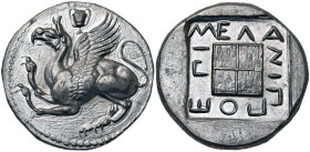 THRACE, ABDERE, tétradrachme. Faux de Becker en étain. D/ Griffon bondissant à g., les deux pattes avant levées. Au-dessus, amphore. R/ EΠI ΜΕΛANIΠΠO ...