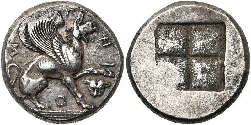 IONIE, TEOS, AR statère, vers 470-449 av. J.-C. D/ Griffon assis à d., la patte ...