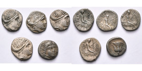 EUBEE, HISTIEE, lot de 5 fractions: tétrobole, T. de nymphe à d./La nymphe Histiée assise à d. sur la poupe d'une galère (4); Iles de Carie, Rhodes, h...