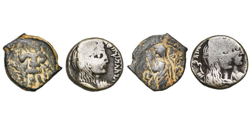 ROYAUME DE NABATEE, Aretas IV (-9-40), lot de 2 p.: bronze, Aretas deb. à g./Shu...