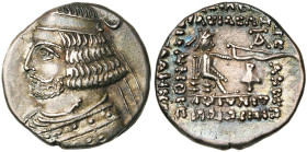 ROYAUME PARTHE, Orodes II (57-38), AR drachme, Suse. D/ B. diad. à g. Devant, étoile. Derrière, croissant. R/ Archer assis à d. Sous l'arc, . Au-dess...