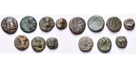 ROYAUME PARTHE, Orodes II (57-38), lot de 7 bronzes frappés à Ecbatane: dichalque, R/ Fort (2), Niké, Aigle, Ancre; chalque, R/ Massue, T. de cheval. ...