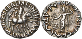 ROYAUME INDO-SCYTHE, Vonones (100-65), AR drachme, 90-65. Associé au vice-roi Spalagadames. D/ Le roi chevauchant à d., ten. une lance. R/ Zeus deb. d...