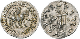 ROYAUME INDO-SCYTHE, Spalirises (65-40), AR tétradrachme, vers 50 av. J.-C., Ghazni. Frappé avec Azès Ier. D/ ΒΑΣΙΛΕΩΣ ΜΕΓΑΛOY ΣΠΑΛΙΡΙΣΙΣ Le roi cheva...