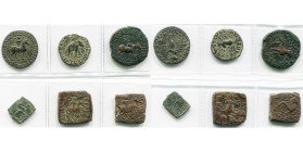ROYAUME INDO-SCYTHE, Azès (-57-5), lot de 6 bronzes: tétradrachme, Le roi chevauchant/Athéna; chalque, Eléphant/Zébu; hexachalque, Zébu/Lion; chalque,...