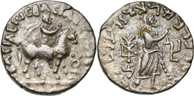 ROYAUME INDO-PARTHE, Gondopharès (30-55), AR tétradrachme. D/ Le roi à cheval à d. A d., . R/ Zeus deb. à d., ten. un sceptre. A g.  et . A d., . ...
