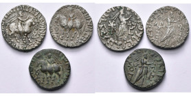 ROYAUME INDO-PARTHE, Abdagasès (55-65), lot de 3 tétradrachmes: Le roi chevauchant à d./Zeus, Le roi chevauchant à g./Zeus (2, monogrammes différents)...