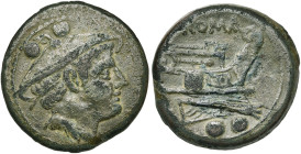 Emission anonyme, AE sextans (frappé), 215-212 av. J.-C., Rome. D/ T. de Mercure à d., coiffé du pétase ailé. Au-dessus, deux globules. R/ Proue à d. ...