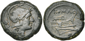 Emission anonyme, AE uncia, 215-212 av. J.-C., Rome. D/ T. casquée de Roma à d. Derrière la tête, un globule. R/ Proue à d. Au-dessus, ROMA. En dessou...