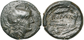 Emission anonyme, AE uncia, 214-212 av. J.-C., Sicile. D/ T. casquée de Roma à d. Derrière, un globule. R/ Proue à d. Au-dessus, un épi de blé et ROMA...