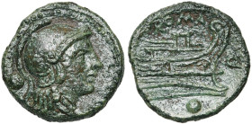 Emission anonyme, AE uncia, 211-210 av. J.-C., sud-est de l'Italie. D/ T. casquée d'Athéna à d. Derrière, un globule. R/ Proue à d. Au-dessus, ROMA. A...