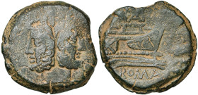 Pinarius Natta, AE as, 155 av. J.-C., Rome. D/ T. l. de Janus. Au-dessus, I. R/ Proue à d. Au-dessus, NAT. A d., I. En dessous, ROMA. Cr. 200/2; Syd. ...