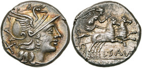 L. Saufeius, AR denier, 152 av. J.-C., Rome. D/ T. casquée de Roma à d. Derrière, . R/ Victoire menant un bige au galop à d., ten. un fouet et les rê...