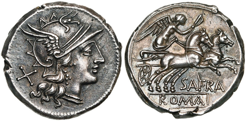Safra, AR denier, 150 av. J.-C., Rome. D/ T. casquée de Roma à d. Derrière, . R...