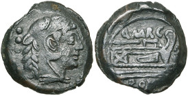 Q. Marcius Libo, AE quadrans, 148 av. J.-C., Rome. D/ T. d'Hercule à d., coiffé de la dépouille de lion. Derrière, trois globules. R/ Proue à d. Au-de...