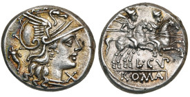 L. Cupiennius, AR denier, 147 av. J.-C., Rome. D/ T. casquée de Roma à d. A g., une corne d'abondance. A d., . R/ Les Dioscures galopant à d. En dess...